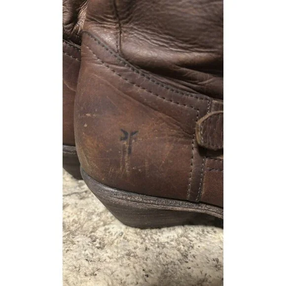 FRYE Brown Distressed Leather Almond Toe Cone Heel Zipper Buckle Ankle Boots 9 - Picture 5 of 7